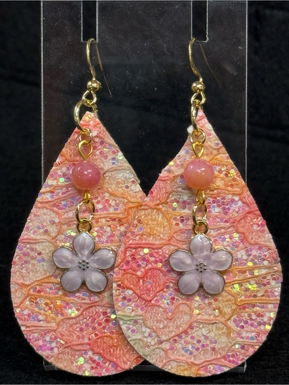 Orange/Pink Glittery Faux Leather Teardrop Earrings with Floral Accents